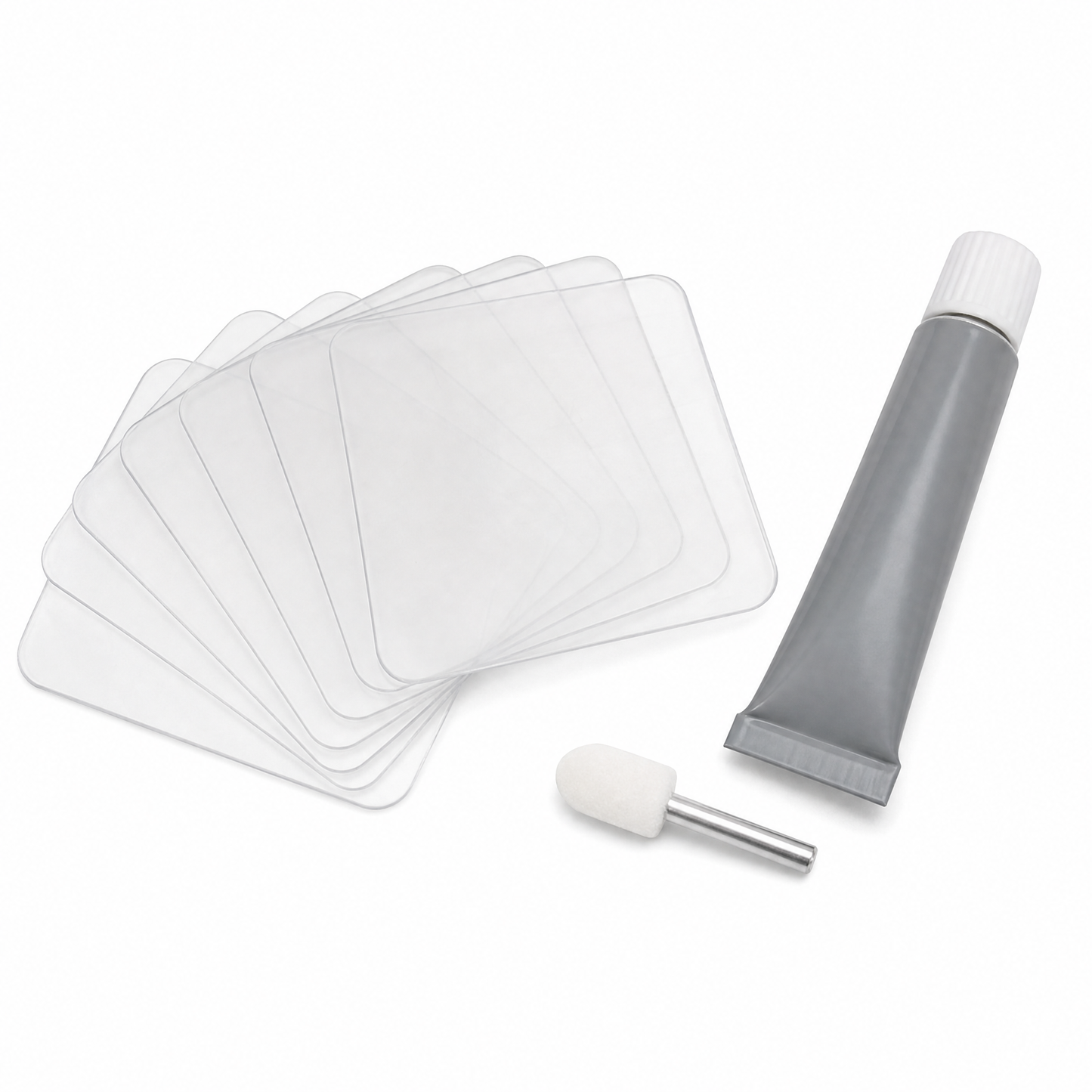PVC repair patch kit with clear patches and adhesive