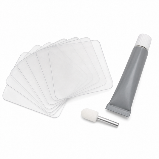 PVC repair patch kit with clear patches and adhesive